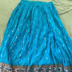 Blue and Gold Pleated A-Line Maxi Skirt